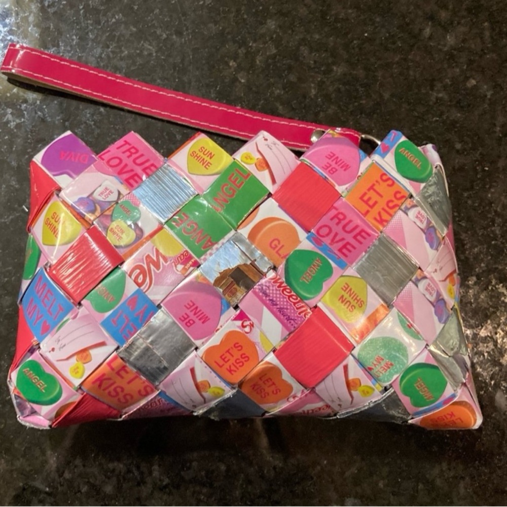 Nahui Ollin Sweethearts wrapper recycled wristlet wallet